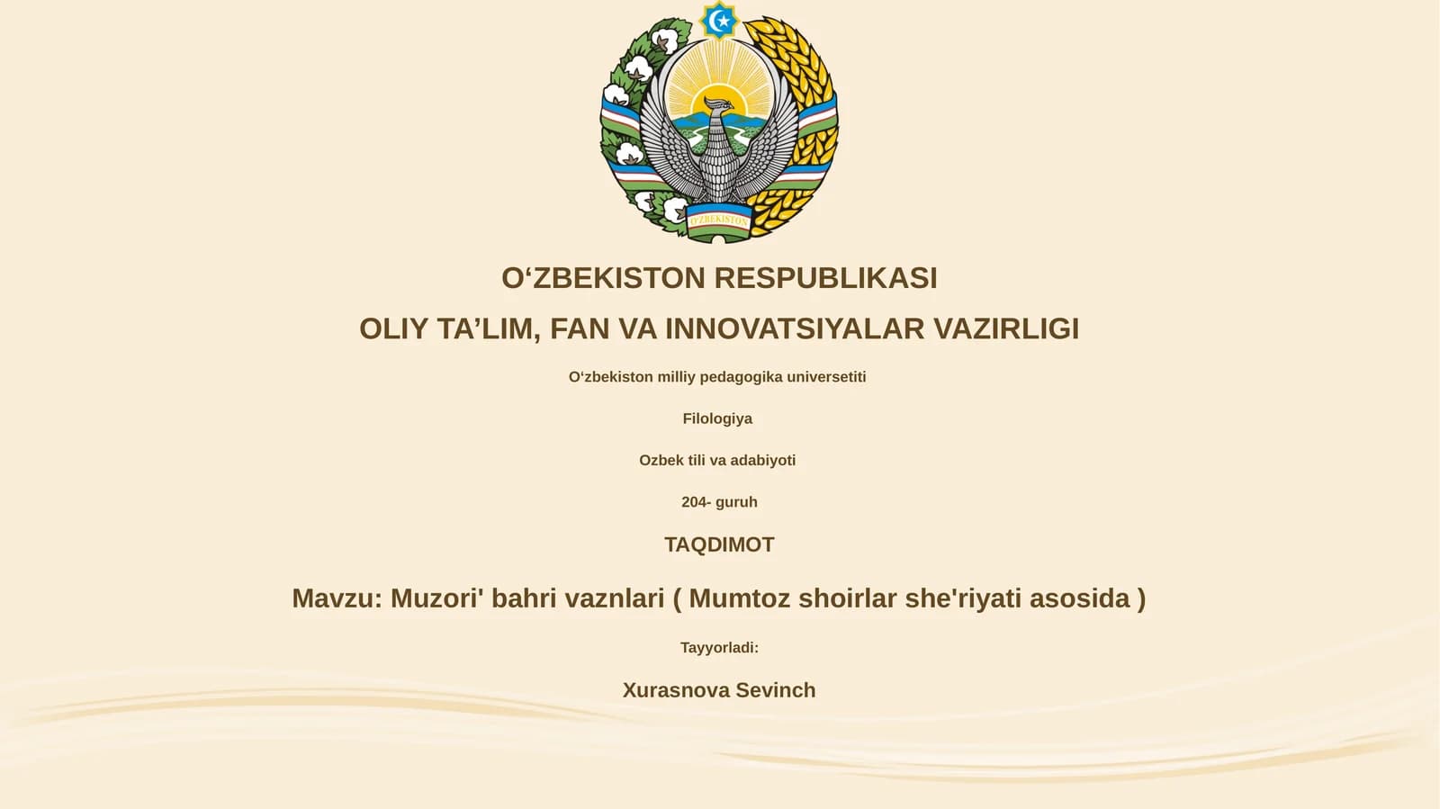 Muzori' bahri vaznlari ( Mumtoz shoirlar she'riyati asosida )