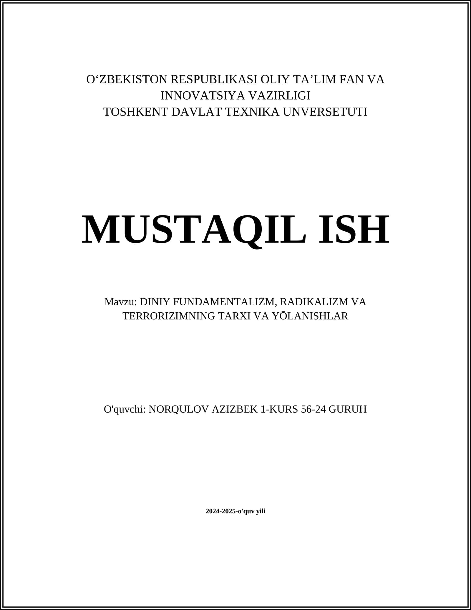 Diniy fundamentalizm, radikalizm va terrorizimning tarxi va yo'lqinishtan