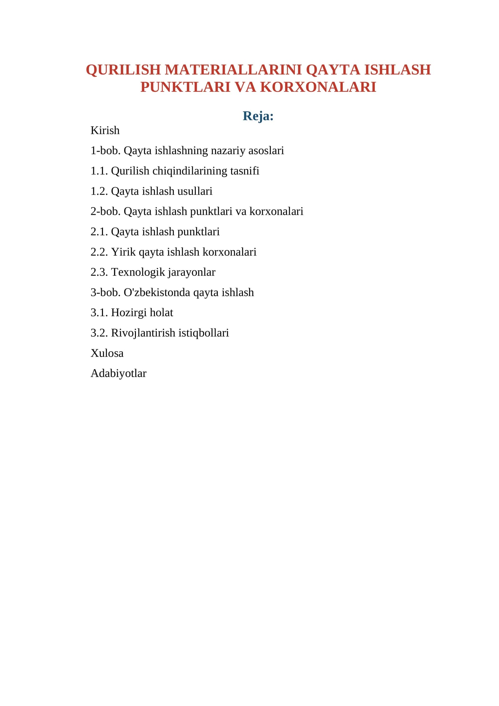 QURILISH MATERIALLARINI QAYTA ISHLASH PUNKTLARI VA KORXONALARI