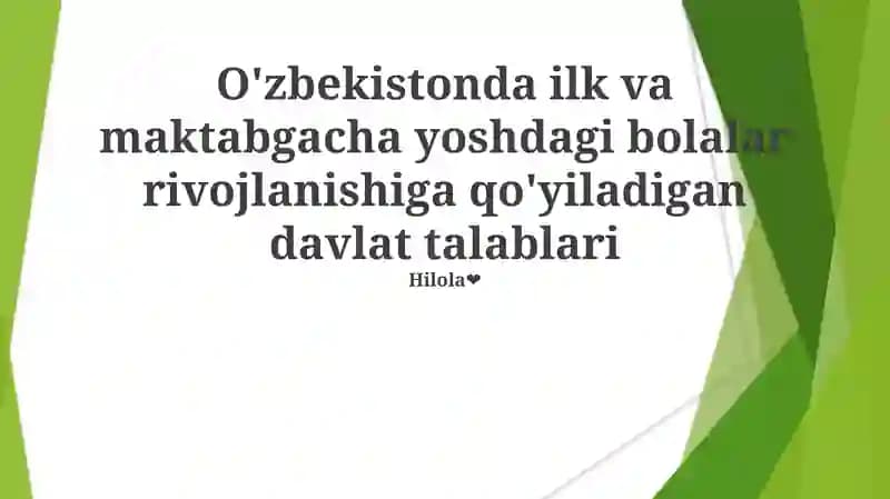 O'zbekistonda ilk va maktabgacha yoshdagi bolalar rivojlanishiga qo'yiladigan davlat talablari