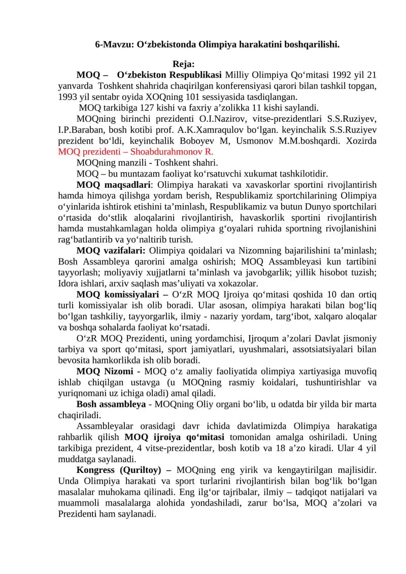 O‘zbekistonda Olimpiya harakatini boshqarilishi