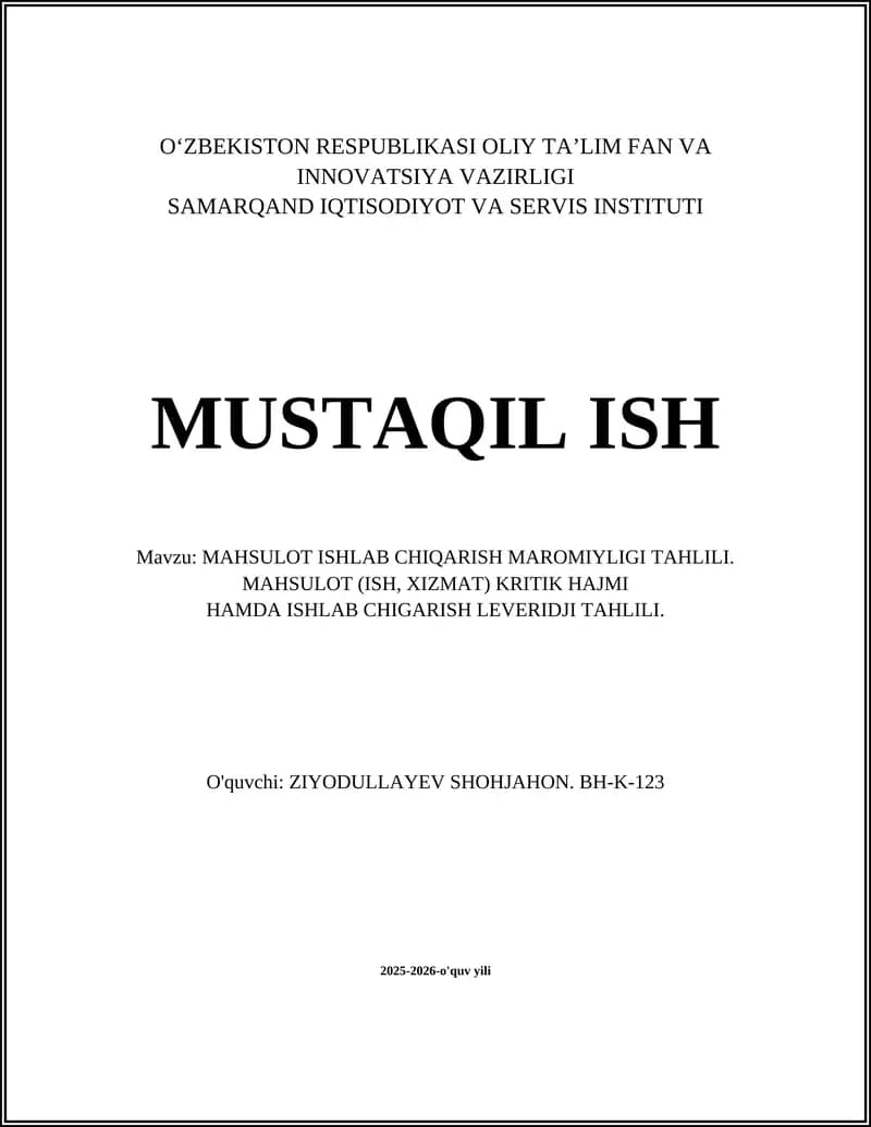 MAHSULOT ISHLAB CHIQARISH MAROMIYLIGI TAHLILI