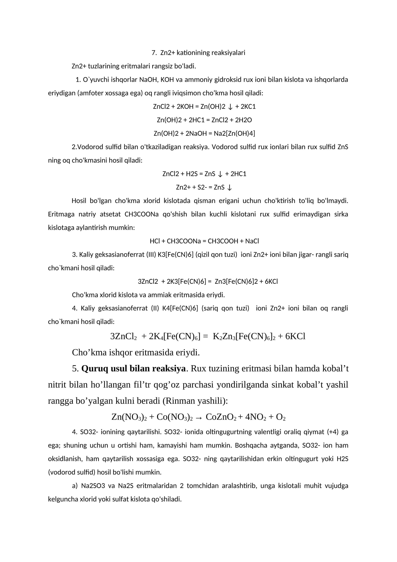 Zn2+ kationining reaksiyalari