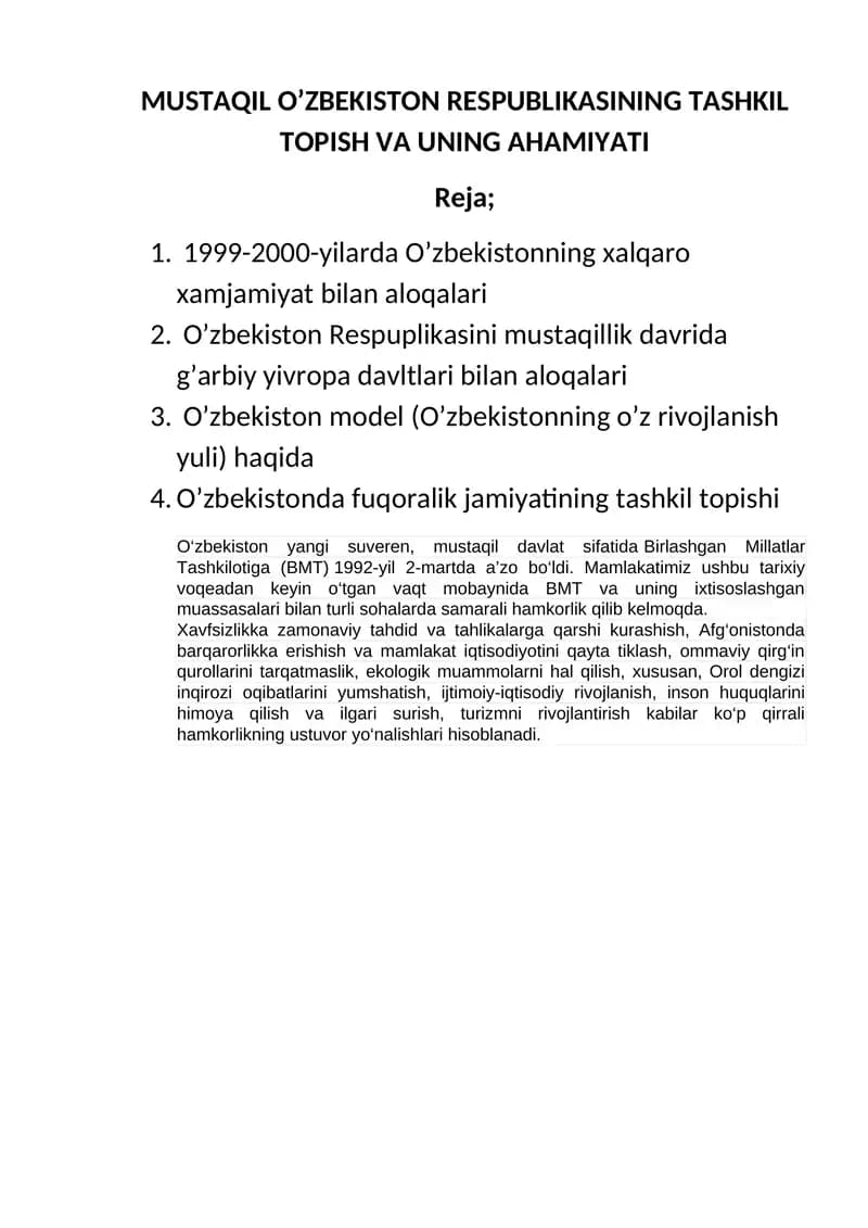 O‘zbekiston Respublikasining Tashkil Topish va Uning Ahamiyati