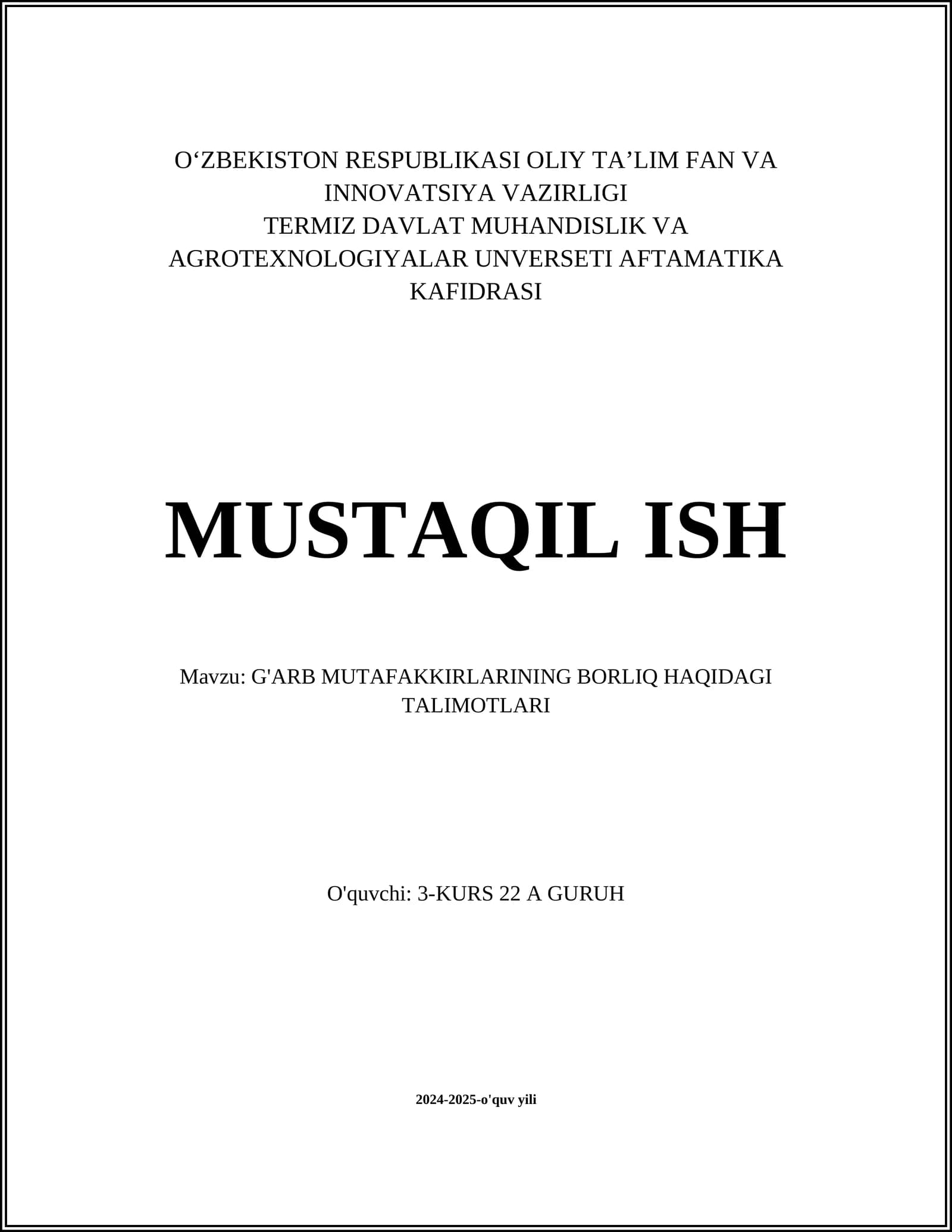 G'ARB MUTAFAKKIRLARINING BORLIQ HAQIDAGI TALIMOTLARI