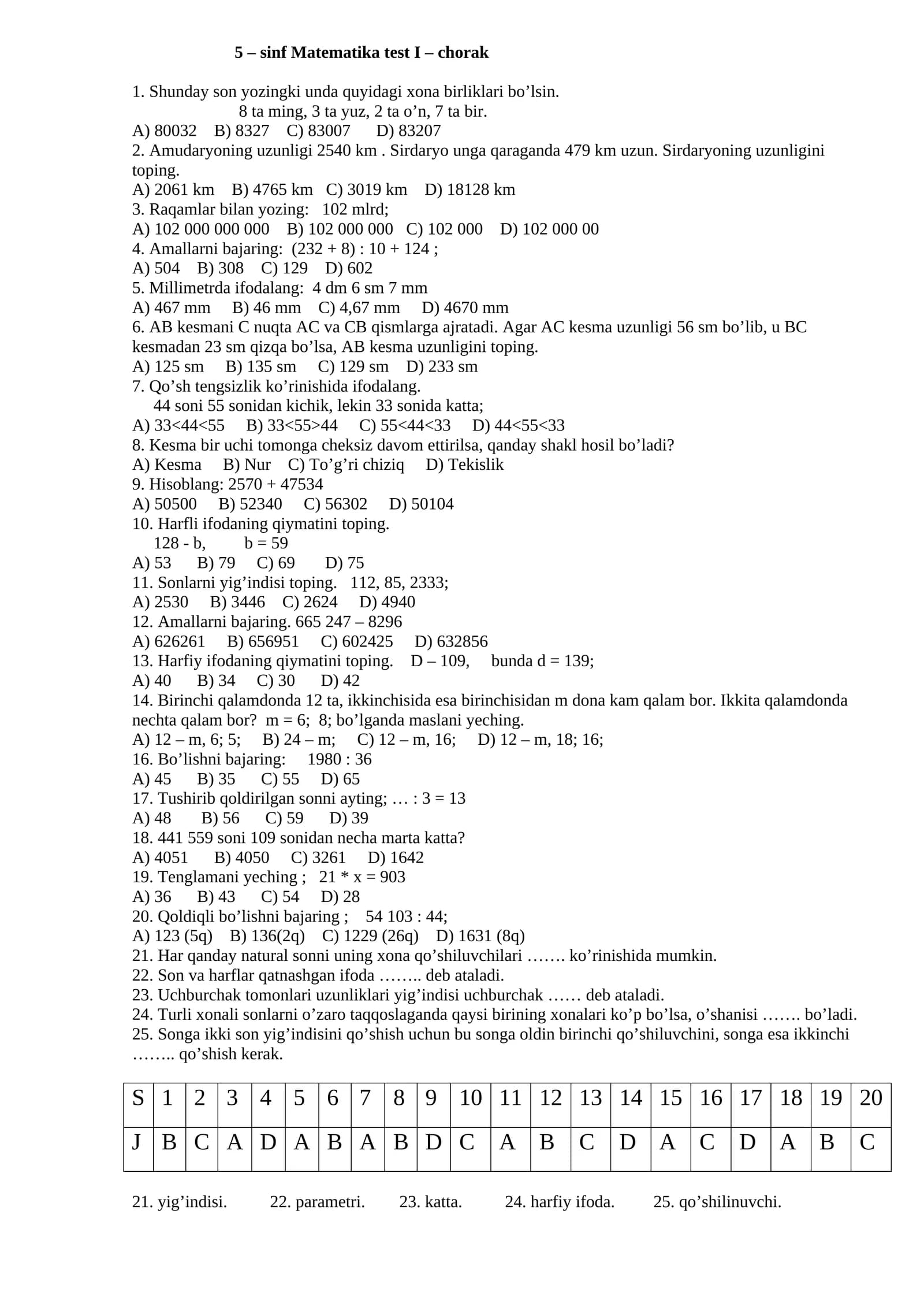 5 – sinf Matematika test I – chorak
