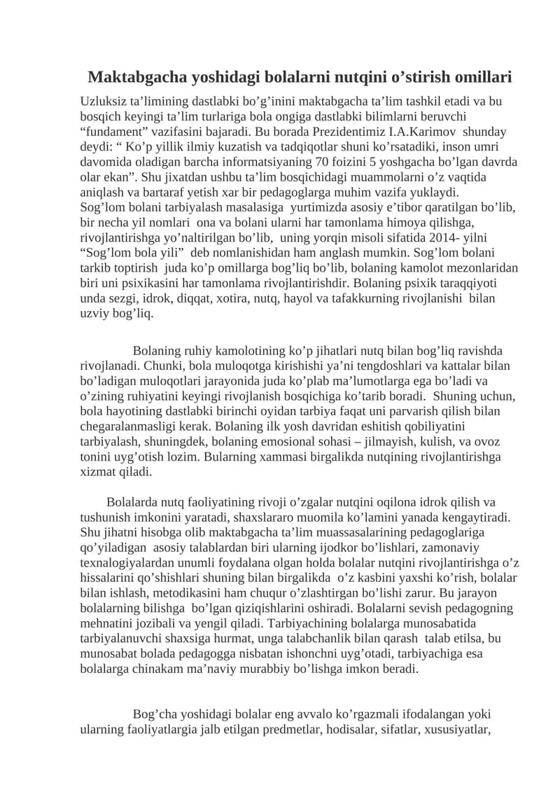 Maktabgacha yoshidagi bolalarni nutqini o’stirish omillari