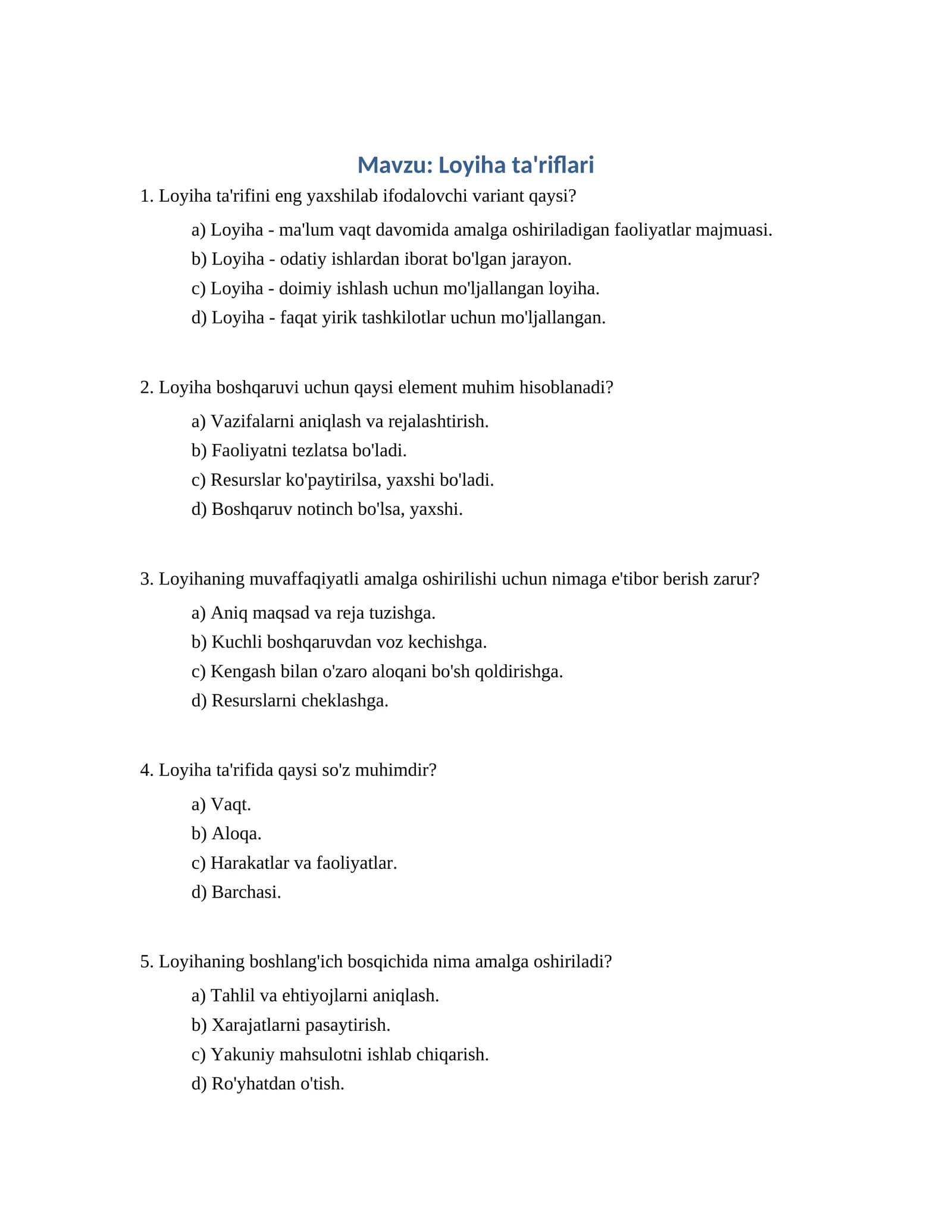 Loyiha ta'riflari
