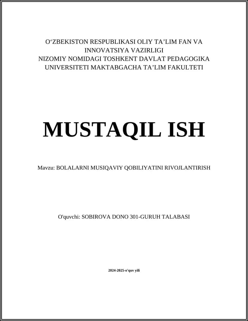 BOLALARNI MUSIQAVIY QOBILIYATINI RIVOJLANTIRISH