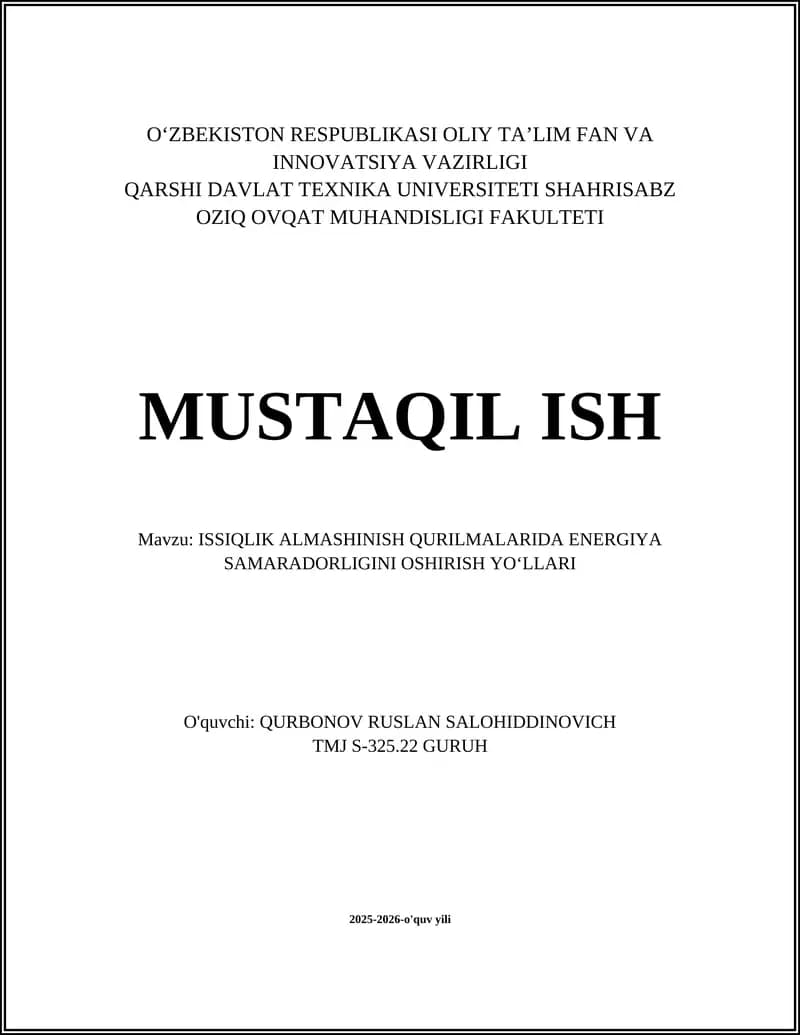 ISSIQLIK ALMASHINISH QURILMALARIDA ENERGIYA SAMARADORLIGINI OSHIRISH YOʻLLARI