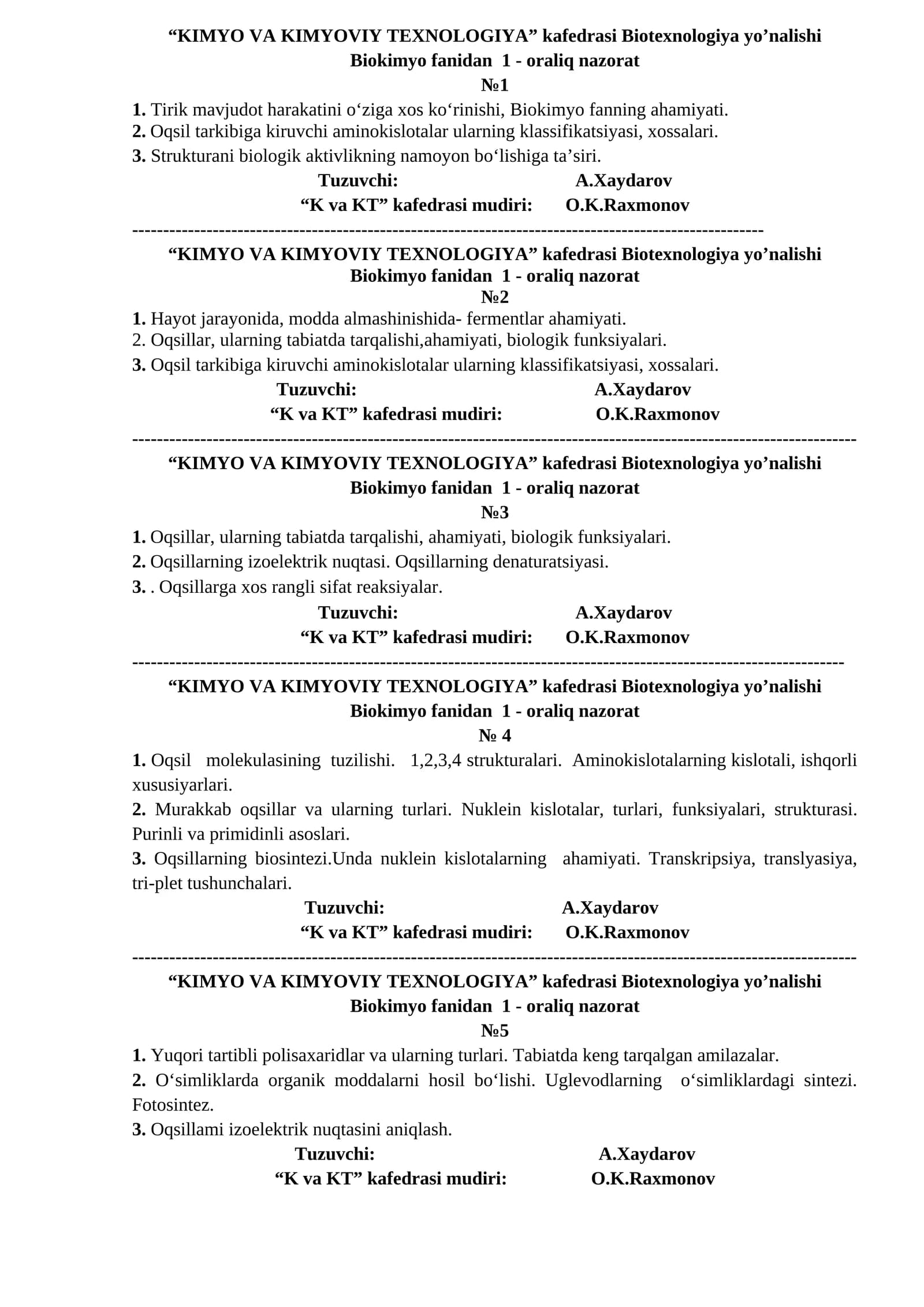 Biotexnologiya yo’nalishi Biokimyo fanidan - 1-oraliq nazorat