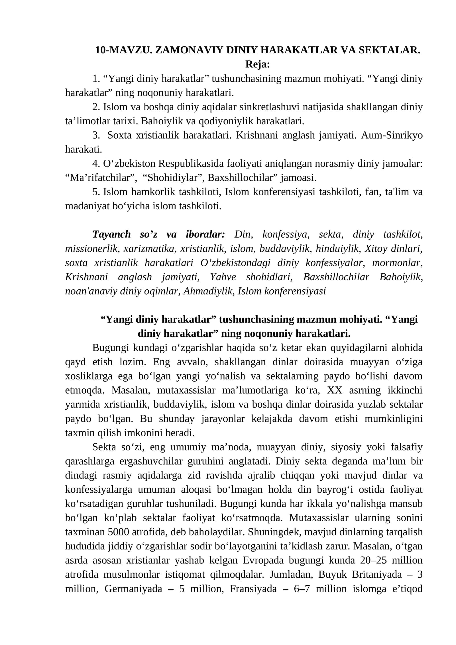 10-mavzu: ZAMONAVIY DINIY HARAKATLAR VA SEKTALAR