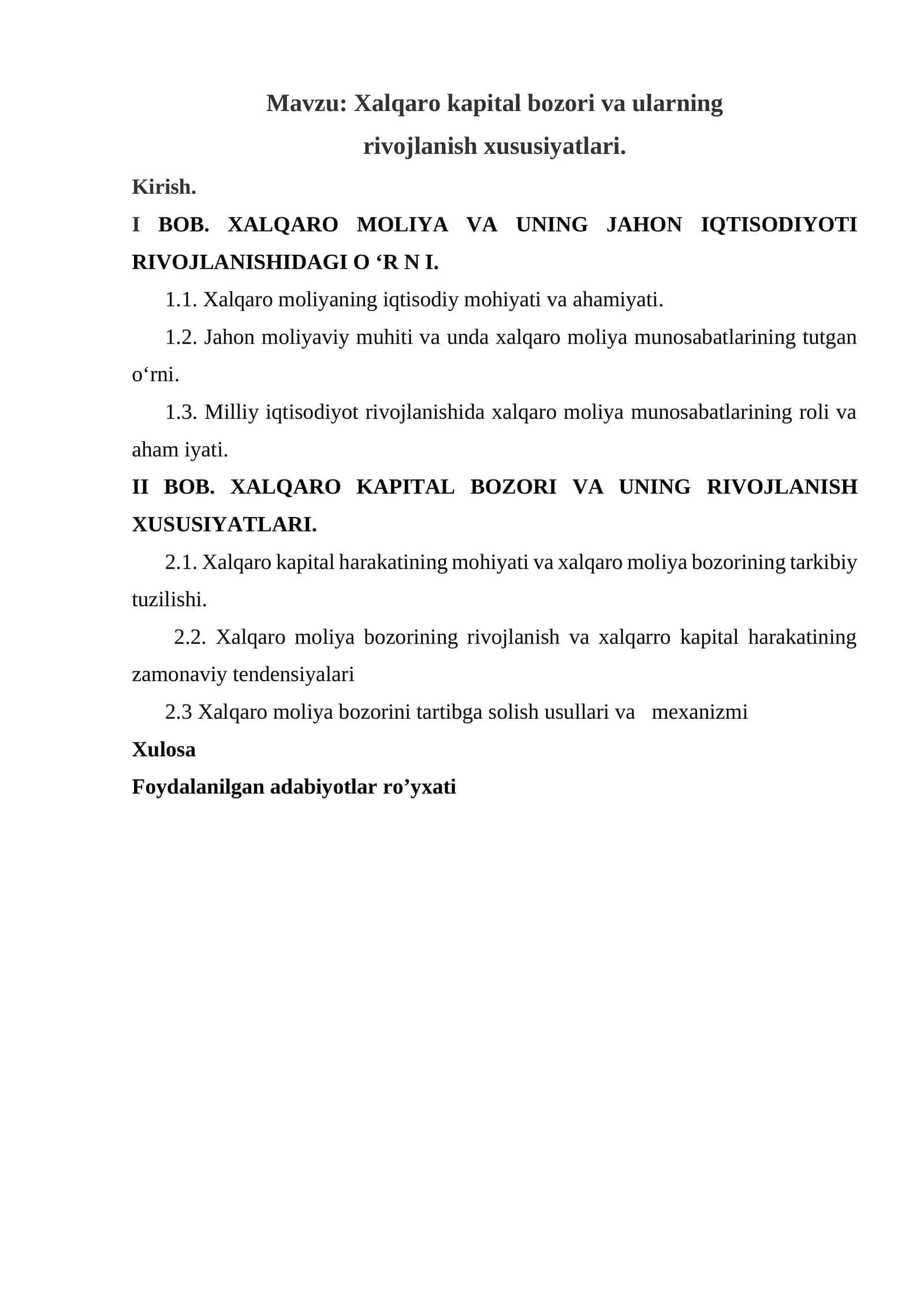 Xalqaro kapital bozori va ularning rivojlanish xususiyatlari