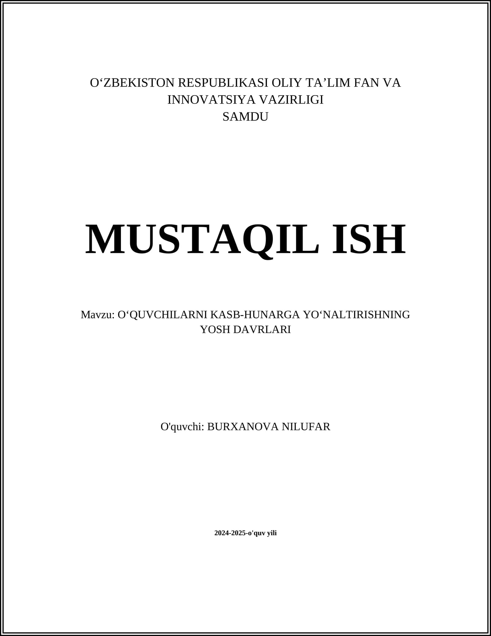 Maktabgacha Yoshdagi Bolalar va Kasb-Hunar Tanlash