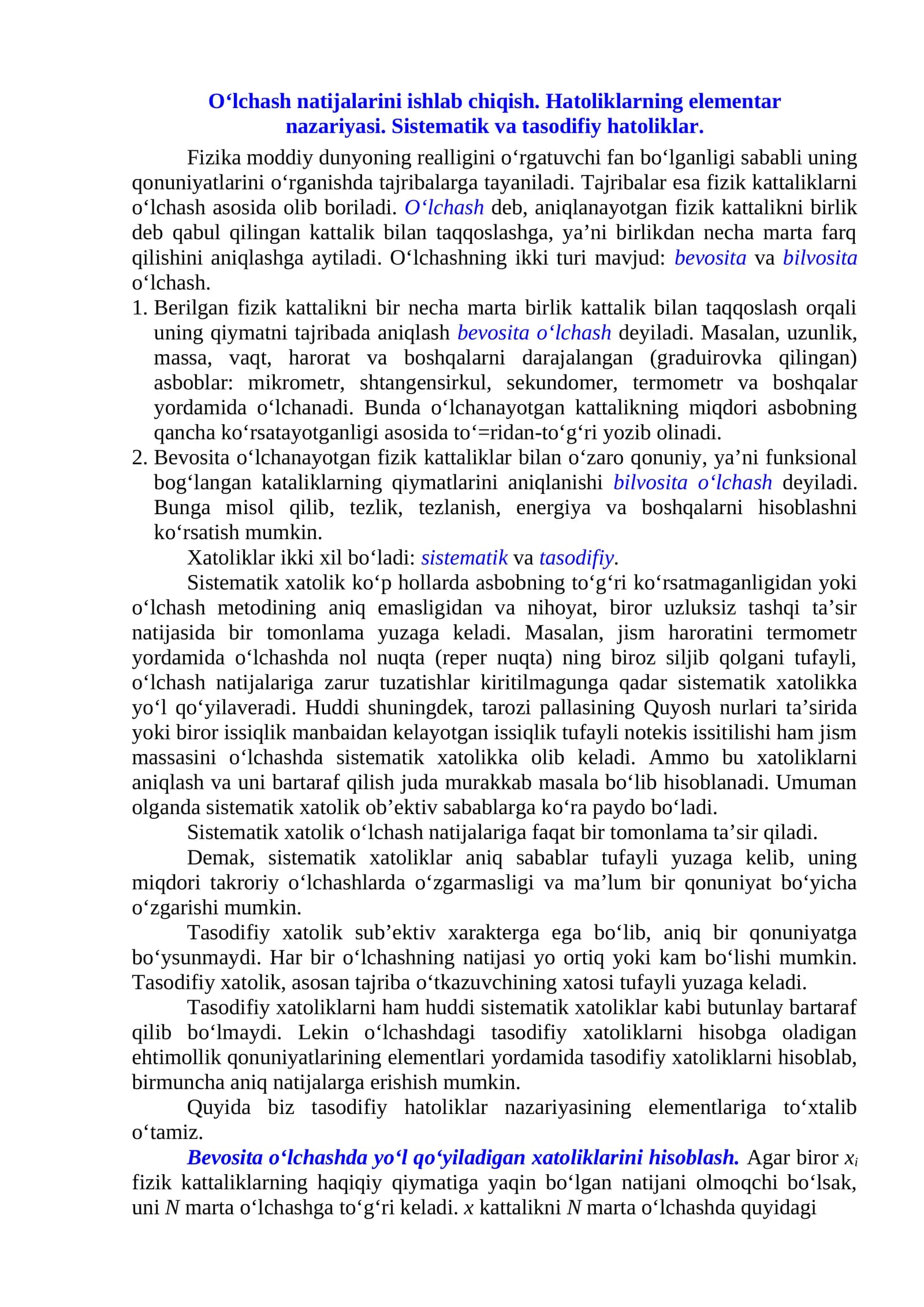 O‘lchash natijalarini ishlab chiqish