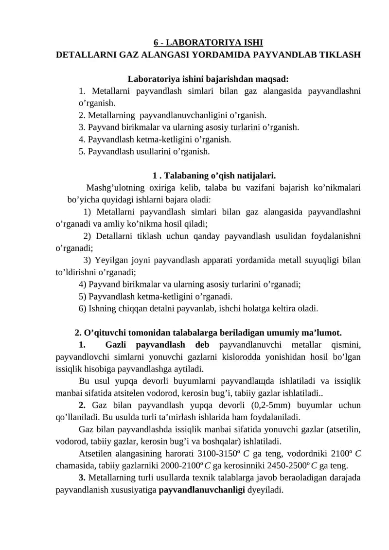 LABORATORIYA ISHI DETALLARNI GAZ ALANGASI YORDAMIDA PAYVANDLAB TIKLASH