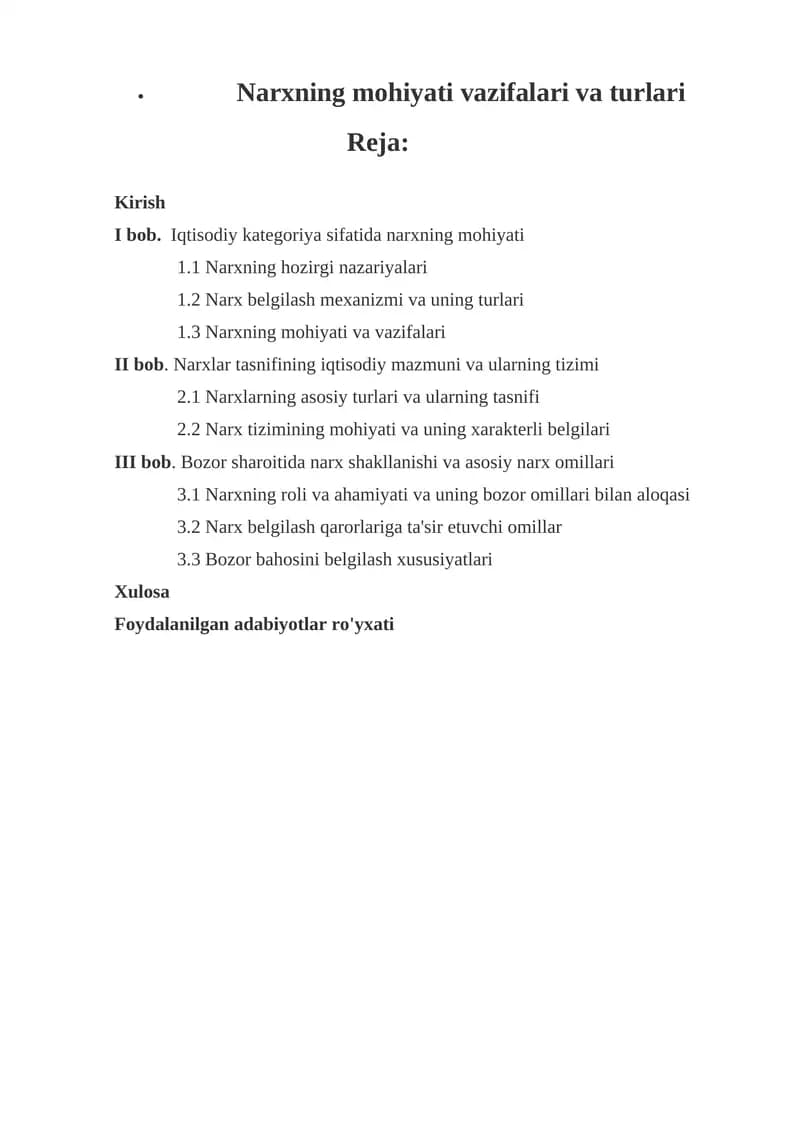 Narxning mohiyati vazifalari va turlari