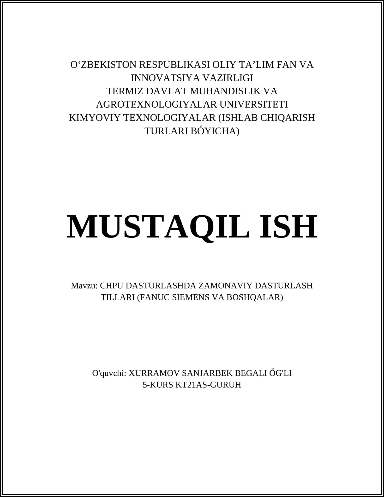 CHPU DASTURLASHDA ZAMONAVIY DASTURLASH TILLARI (FANUC SIEMENS VA BOSHQALAR)