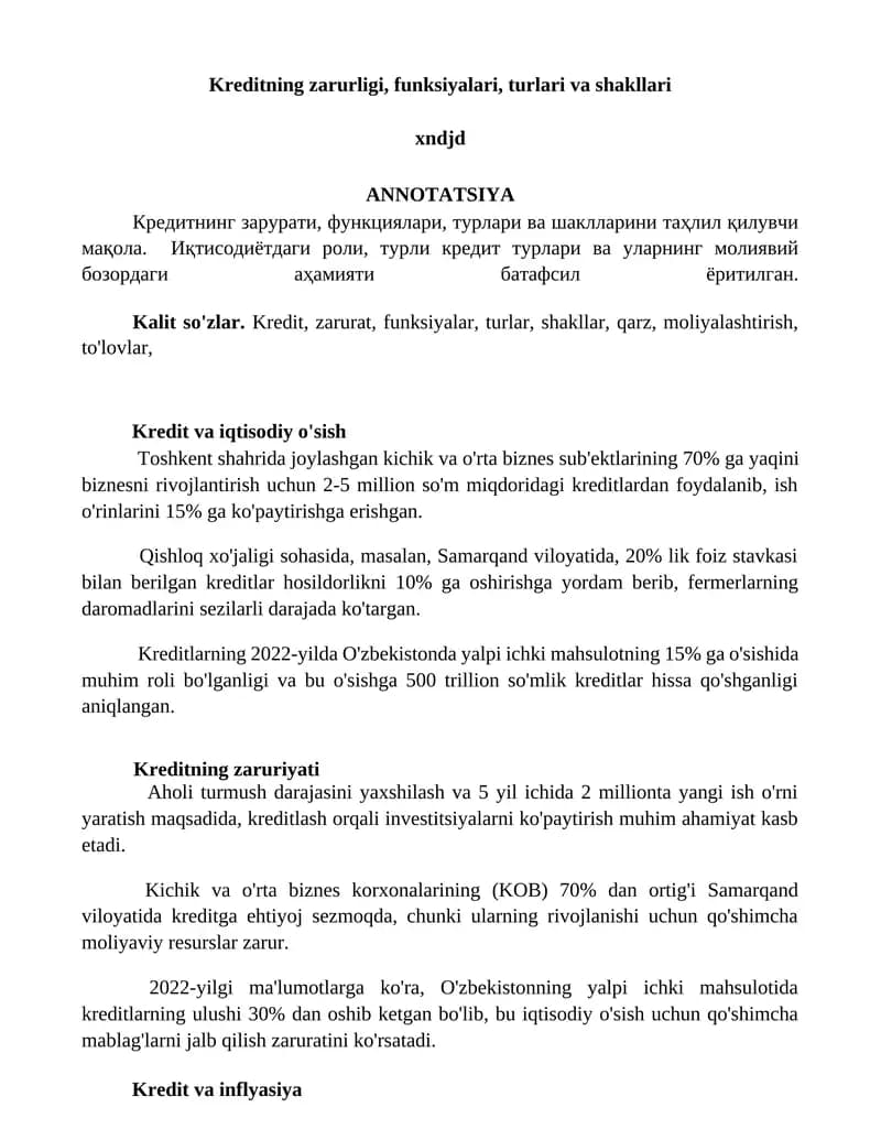 Kreditning zarurligi, funksiyalari, turlari va shakllari
