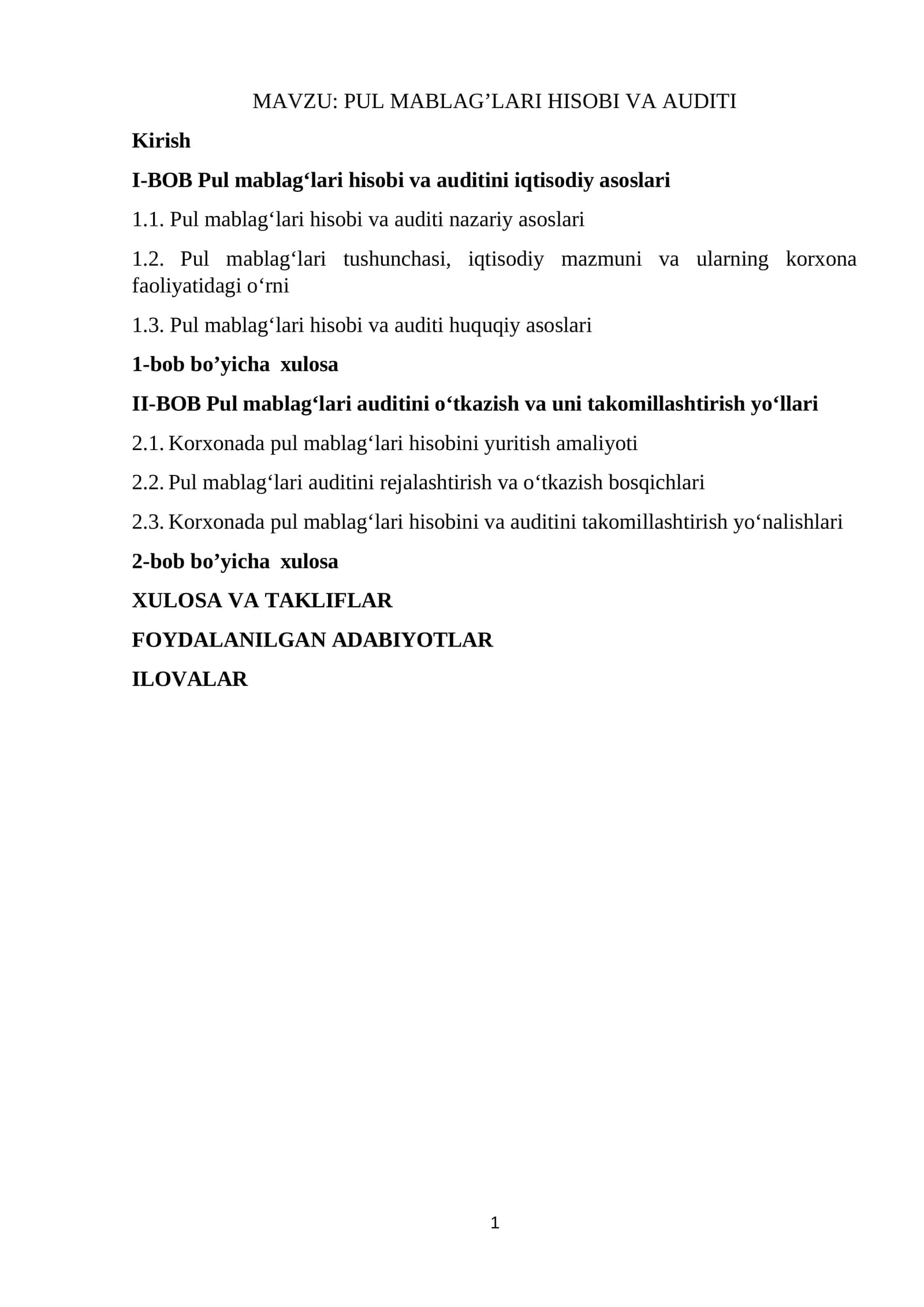 PUL MABLAG’LARI HISOBI VA AUDITI