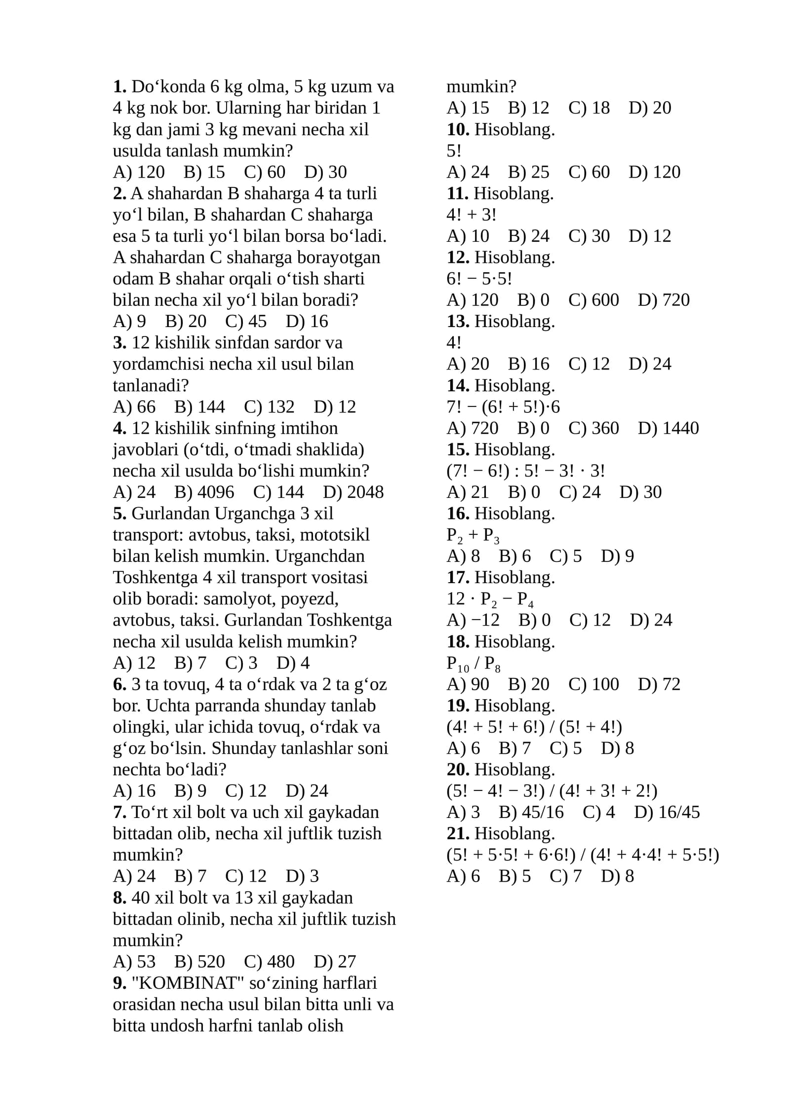 matematika testlar (oson)