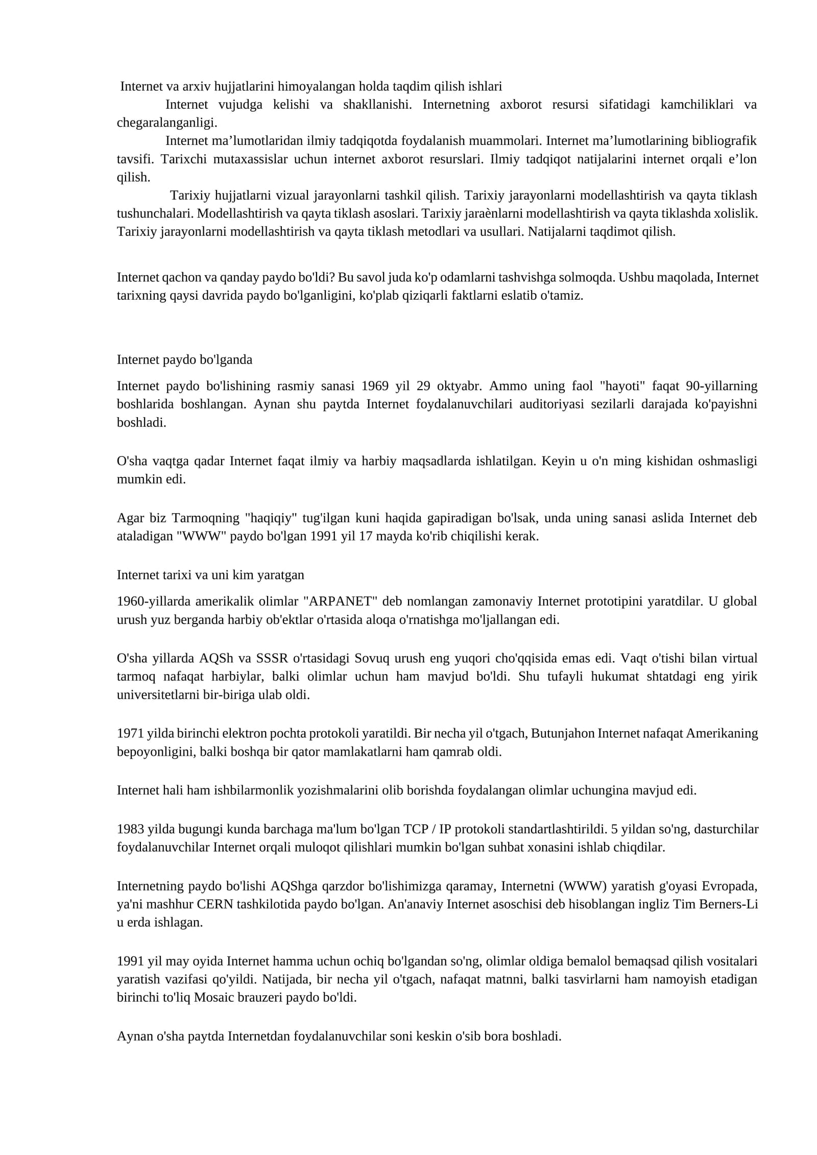Internet va arxiv hujjatlarini himoyalangan holda taqdim qilish ishlari