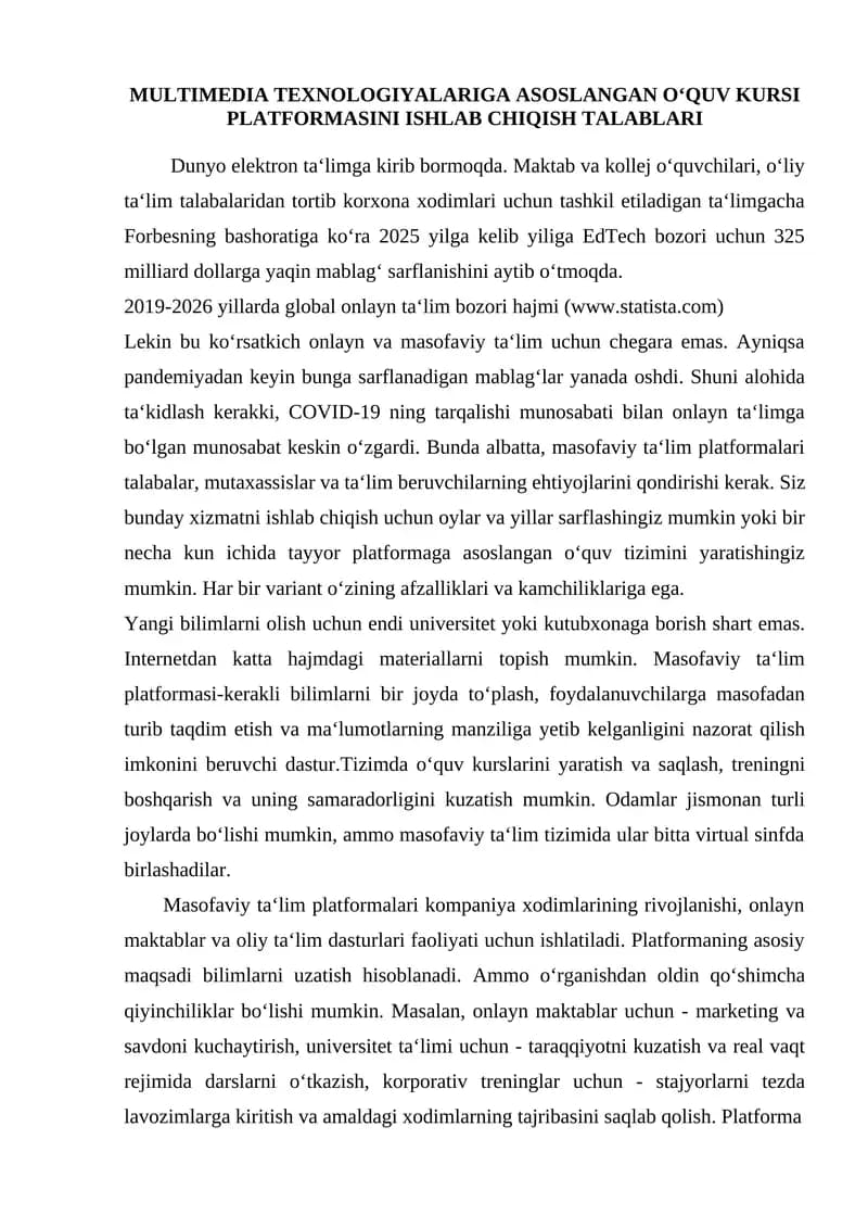 Multimedia texnologiyalariga asoslangan o‘quv kursi platformasini ishlab chiqish talablari