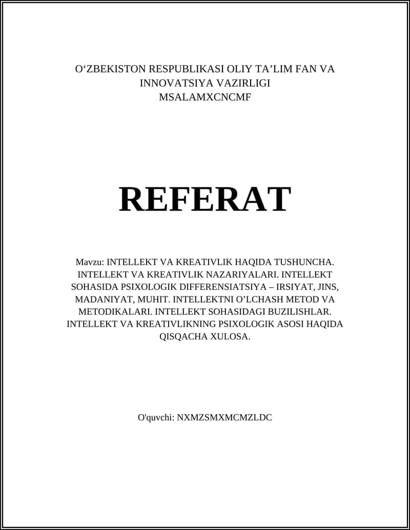 INTELLEKT VA KREATIVLIK HAQIDA TUSHUNCHA