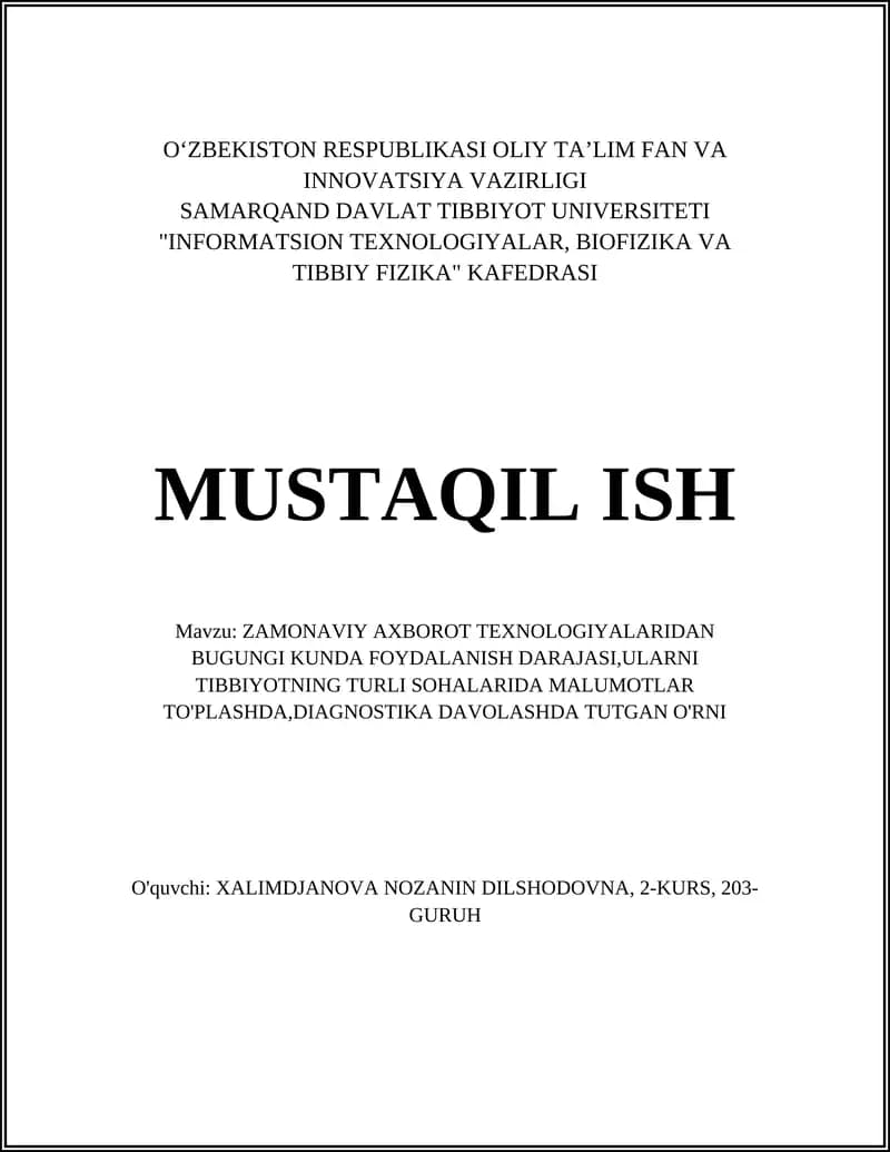 Zamonaviy axborot texnologiyalari tibbiyotda umumiy rivojlanish darajasi va mamlakatimizda qo'llanilishi