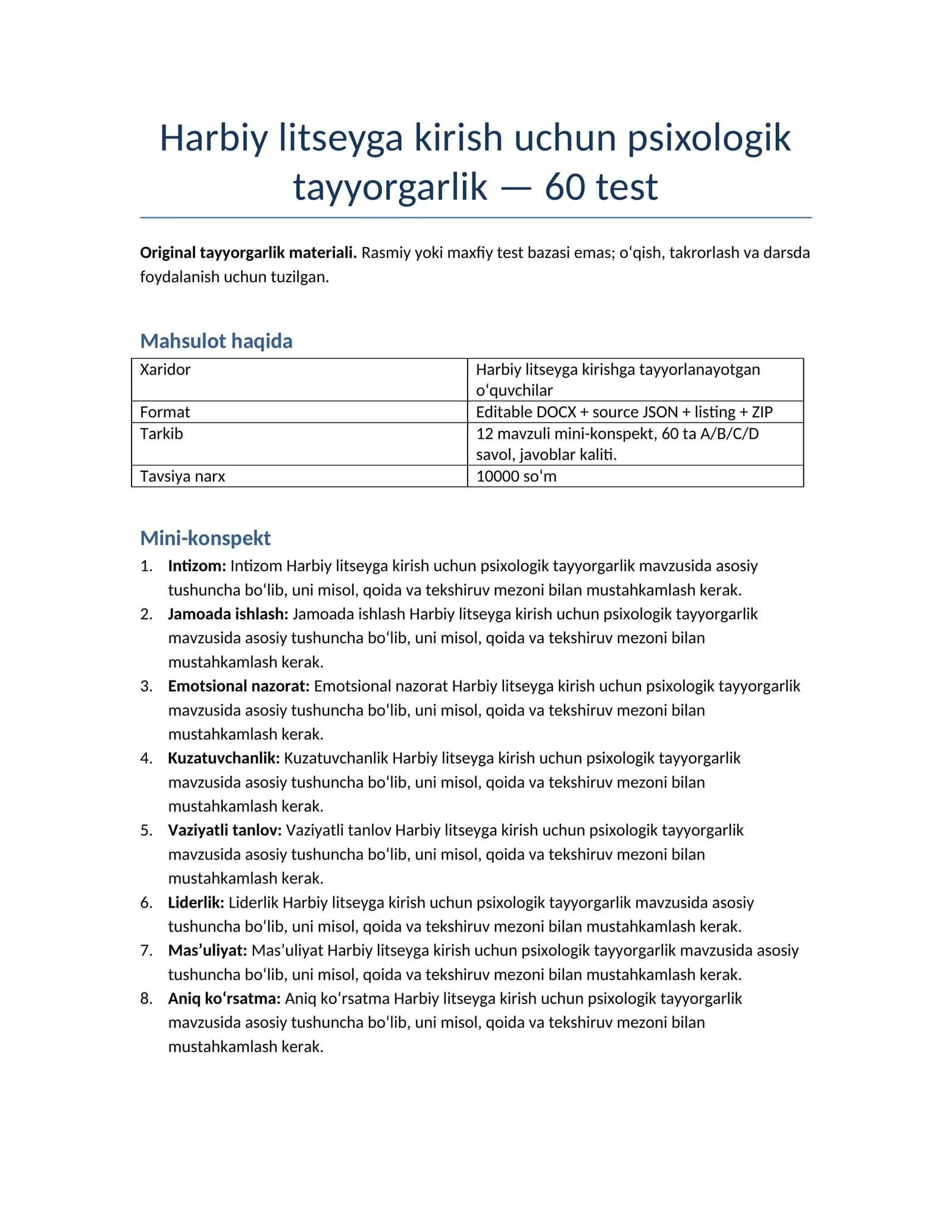 Harbiy litseyga kirish uchun psixologik tayyorgarlik — 60 test
