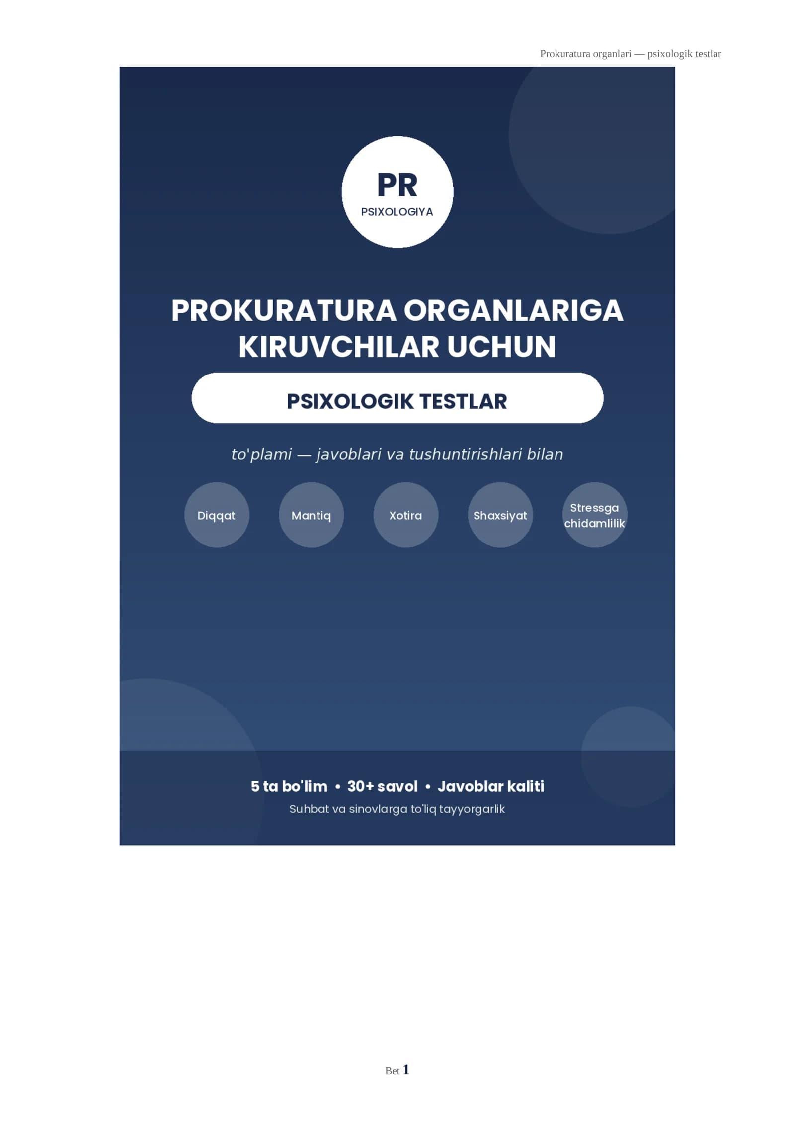 Prokuratura organlariga kiruvchilar uchun psixologik testlar to'plami (javoblari bilan)