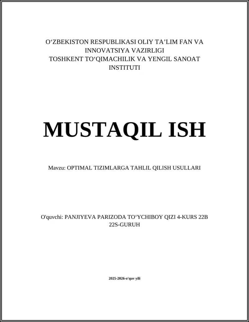 OPTIMAL TIZIMLARGA TAHLIL QILISH USULLARI