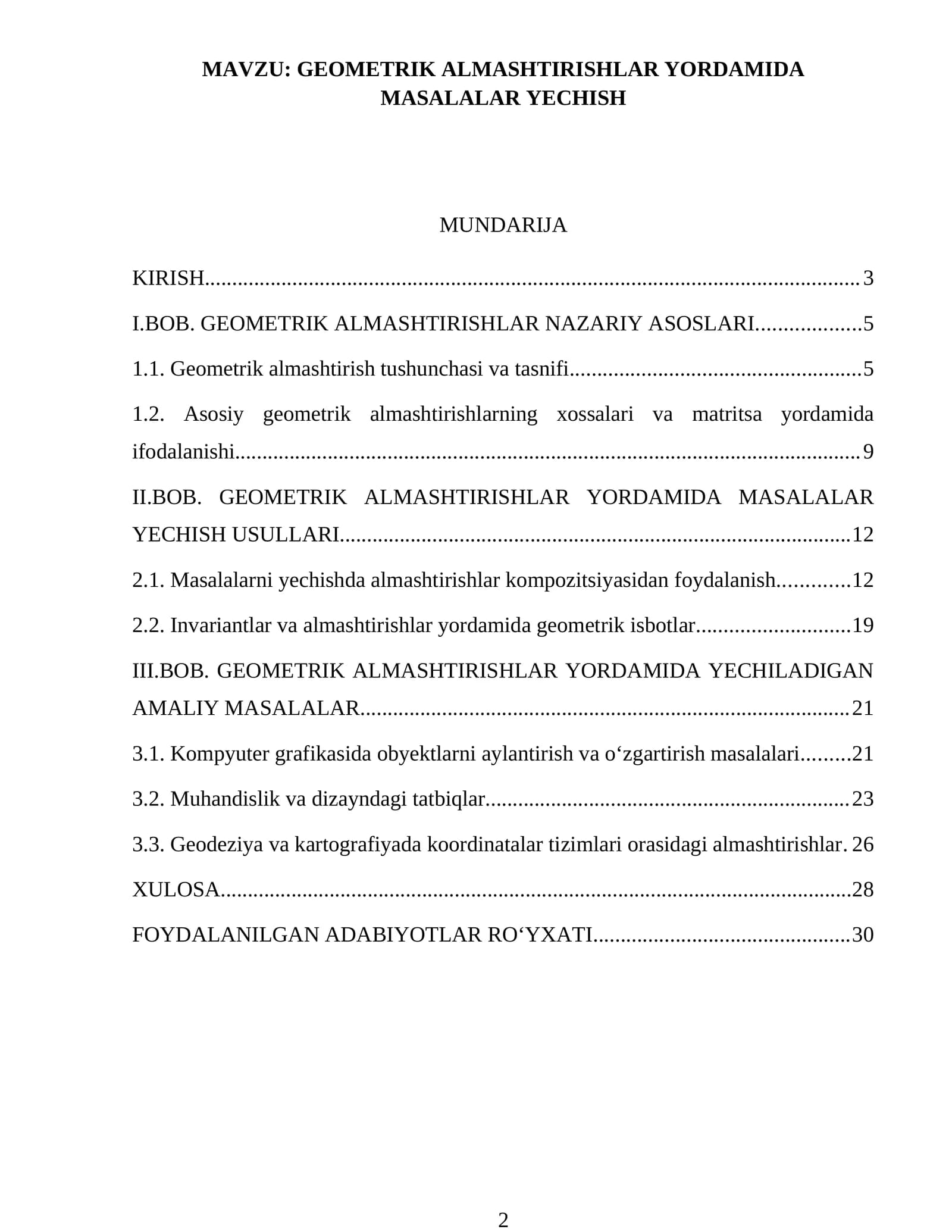 GEOMETRIK ALMASHTIRISHLAR YORDAMIDA MASALALAR YECHISH