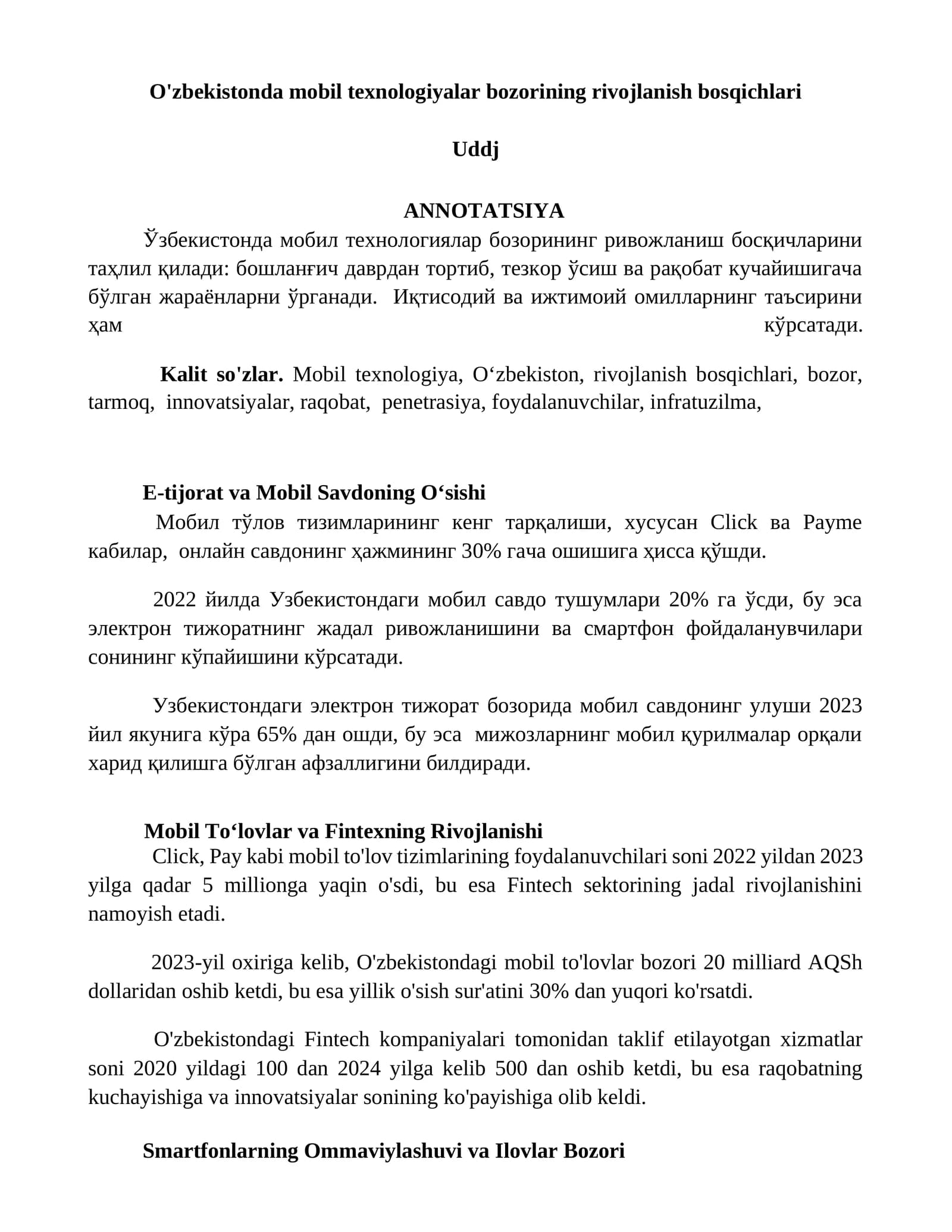 O'zbekistonda mobil texnologiyalar bozorining rivojlanish bosqichlari