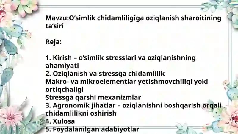O‘simlik chidamliligiga oziqlanish sharoitining ta’siri