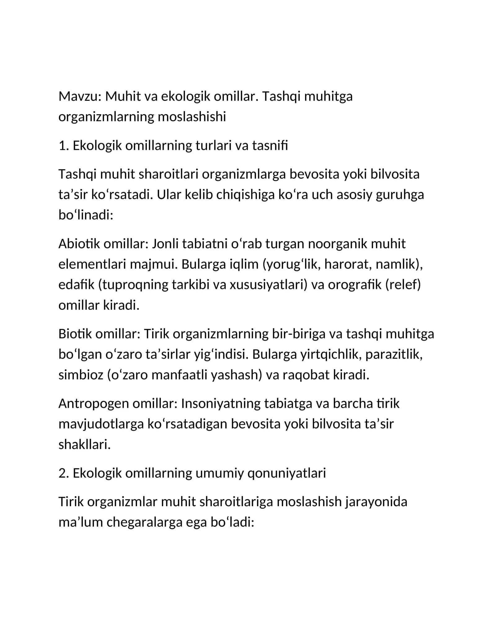 Muhit va ekologik omillar