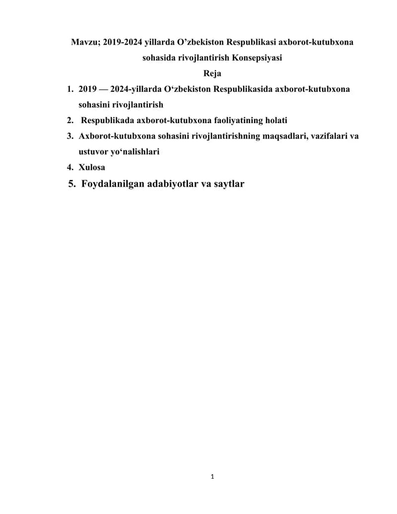2019-2024 yillarda O’zbekiston Respublikasi axborot-kutubxona sohasida rivojlantirish Konsepsiyasi