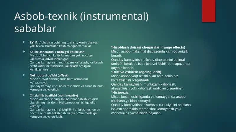 O'lchashlar xatoliklarini yuzaga keltiruvchi sabablar