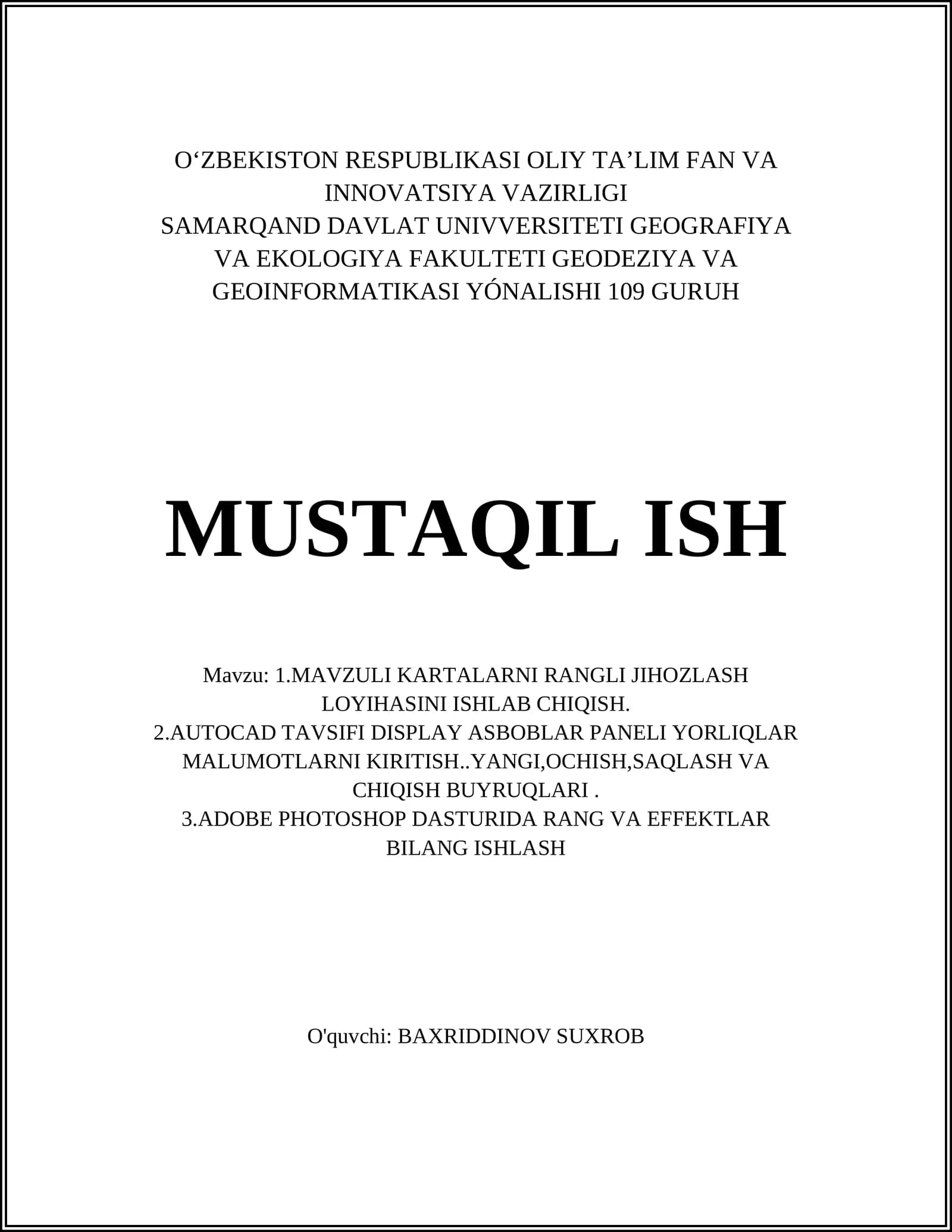 MAVZULI KARTALARNI RANGLI JIHOZLASH LOYIHASI