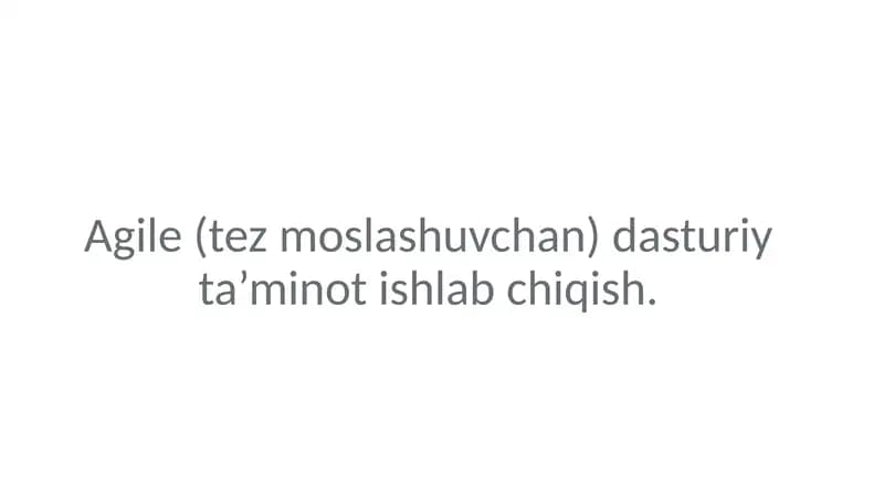 Agile (tez moslashuvchan) dasturiy ta’minot ishlab chiqish.