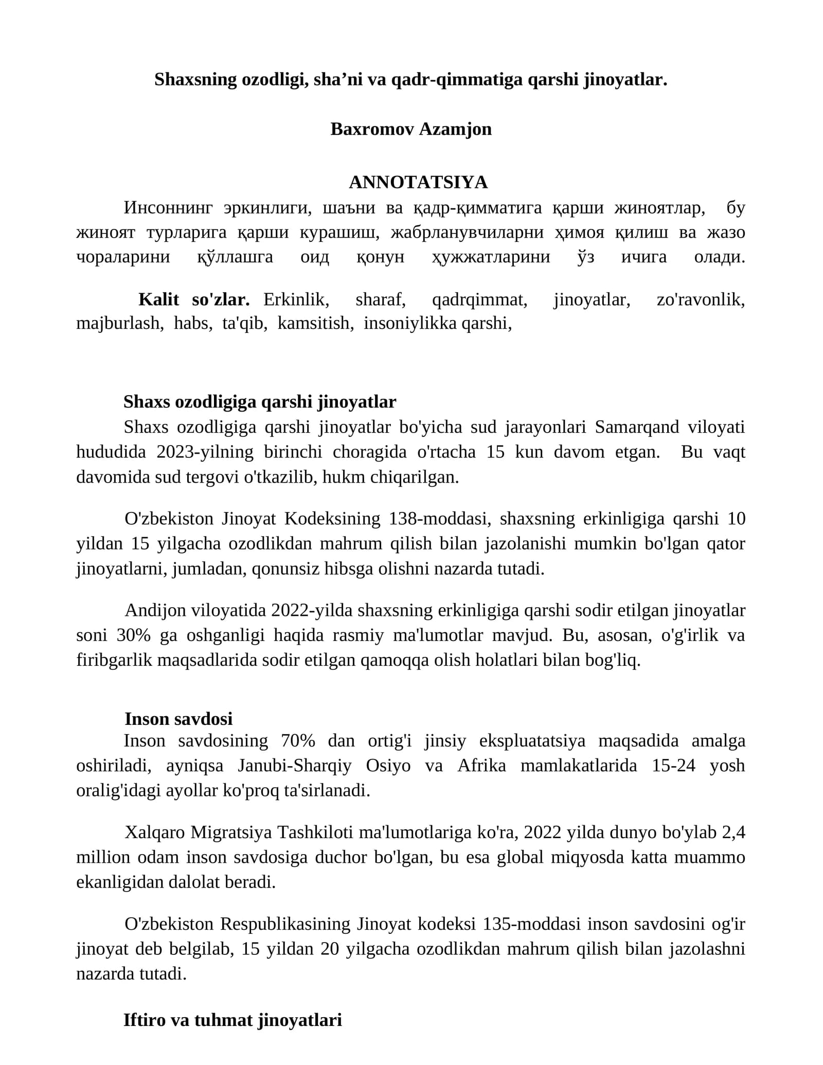 Shaxs ozodligiga qarshi jinoyatlar