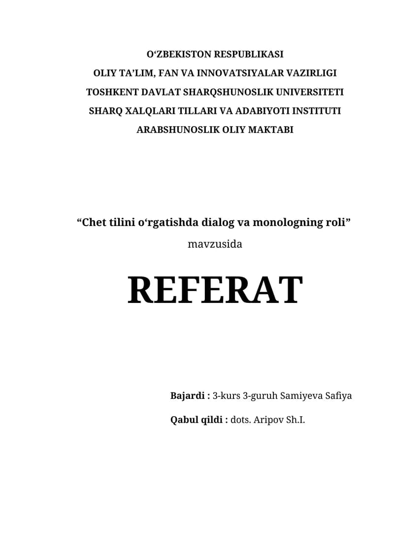 Chet tilini o‘rgatishda dialog va monologning roli