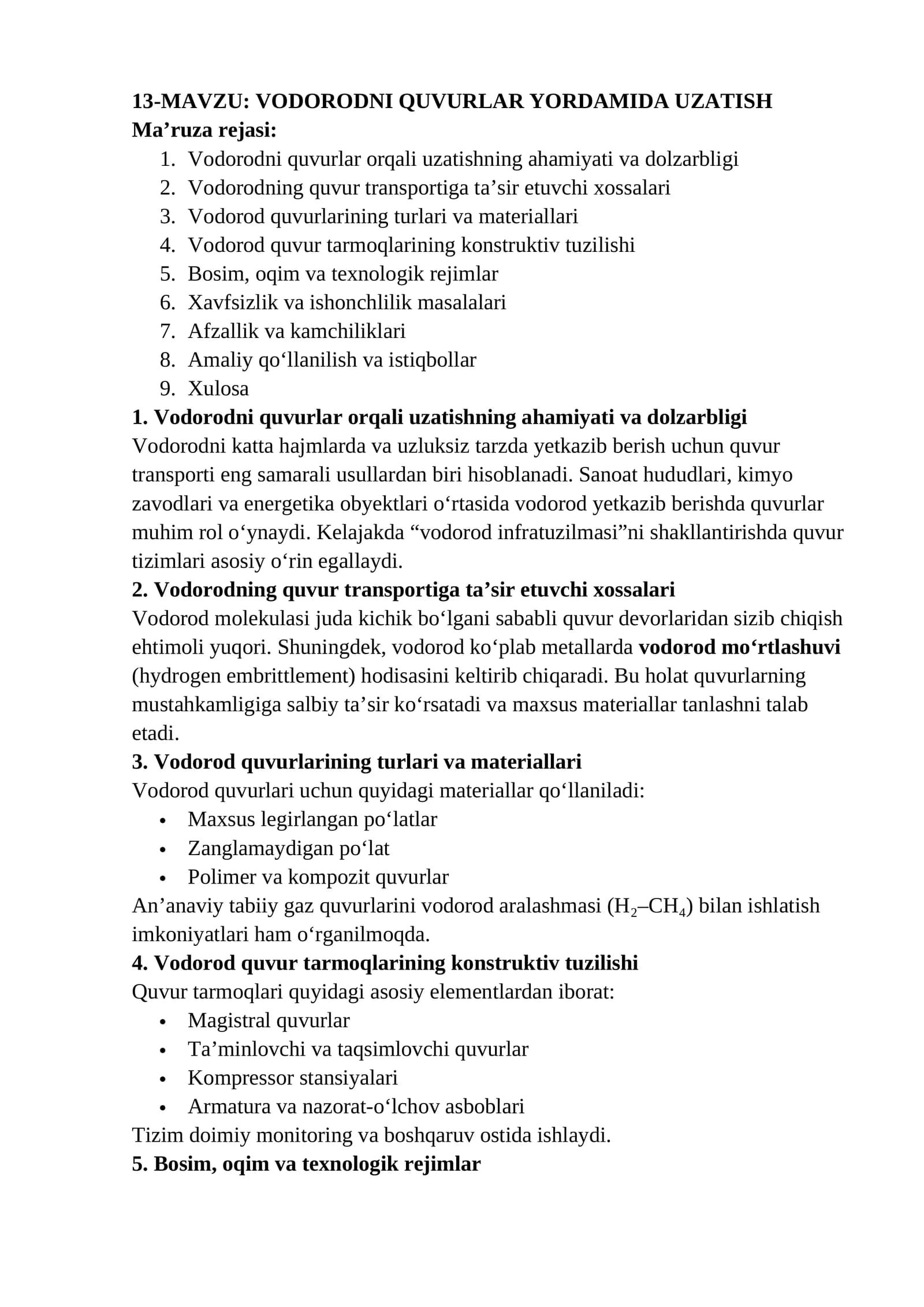 VODORODNI QUVURLAR YORDAMIDA UZATISH