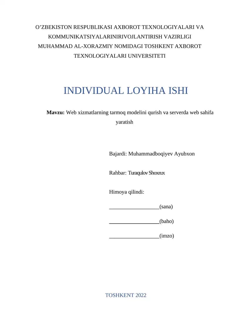 Web xizmatlarning tarmoq modelini qurish va serverda web sahifa yaratish