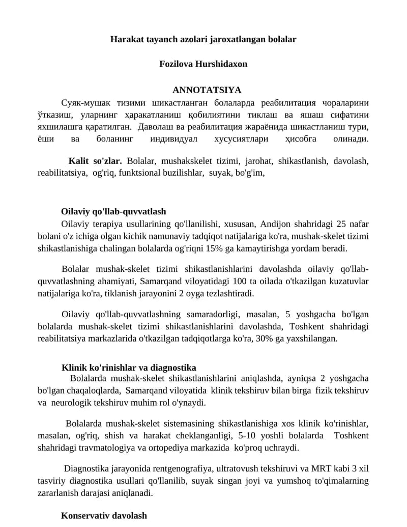 Harakat tayanch azolari jaroxatlangan bolalar