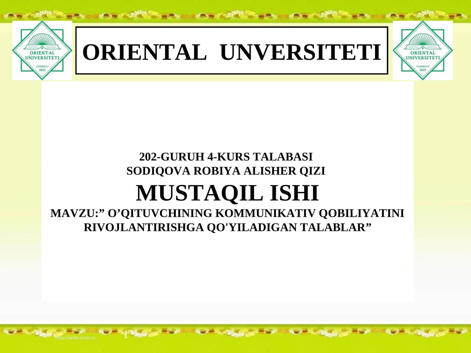 ”O’QITUVCHINING KOMMUNIKATIV QOBILIYATINI RIVOJLANTIRISHGA QO'YILADIGAN TALABLAR”