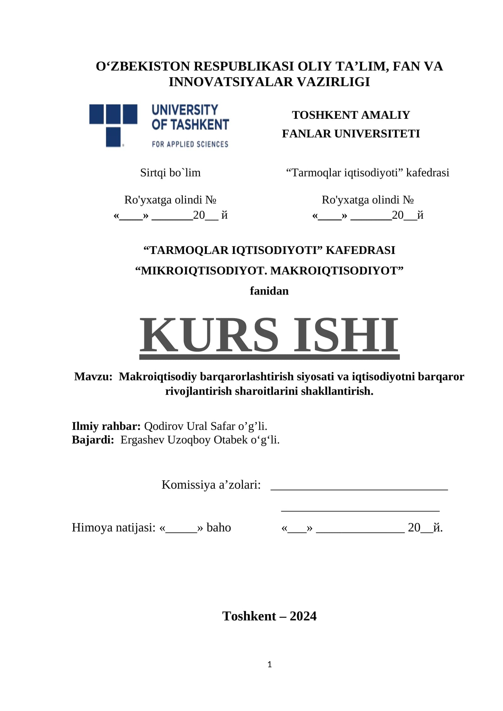 “MIKROIQTISODIYOT. MAKROIQTISODIYOT” fanidan KURS ISHI