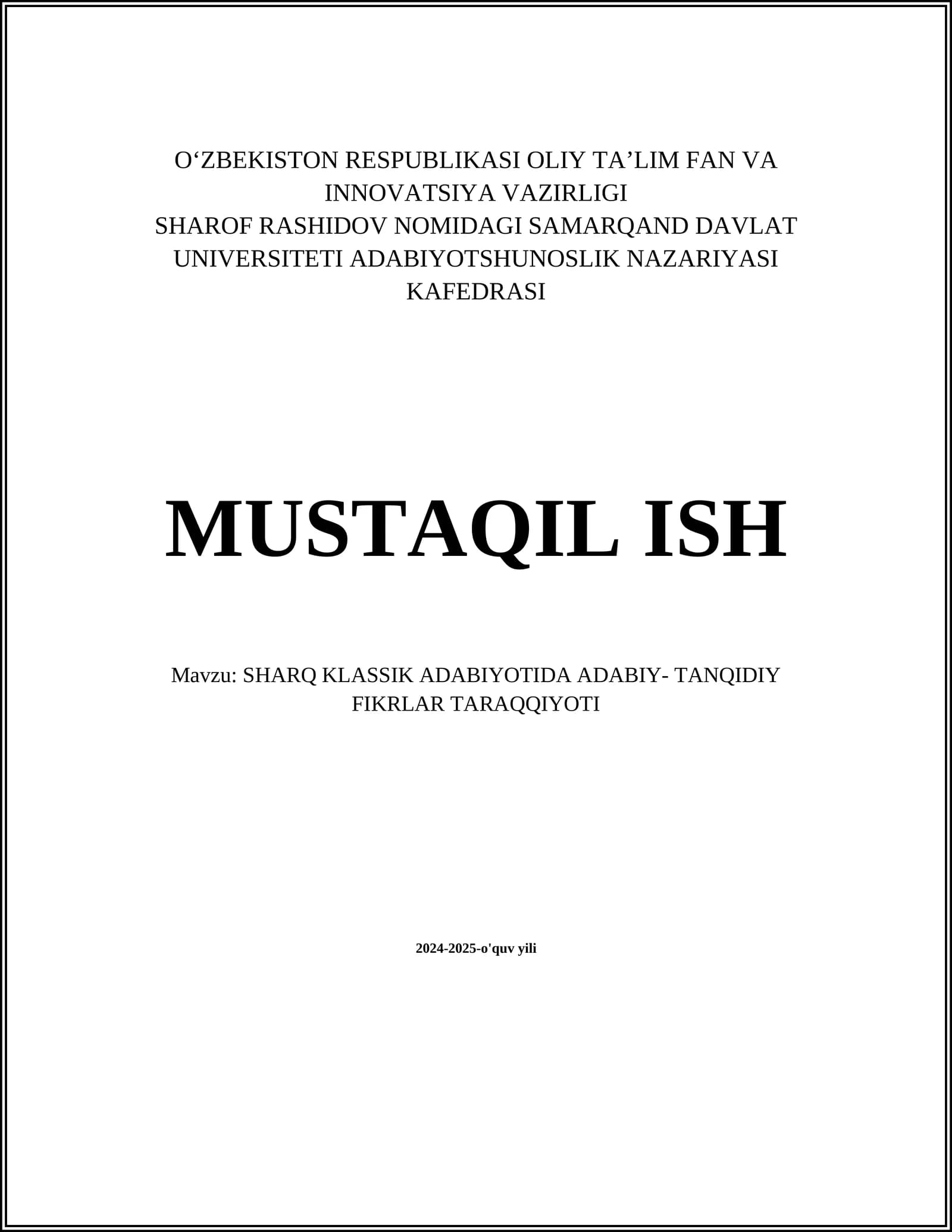 SHARQ KLASSIK ADABIYOTIDA ADABIY-TANQIDIY FIKRLAR TARAQQIYOTI