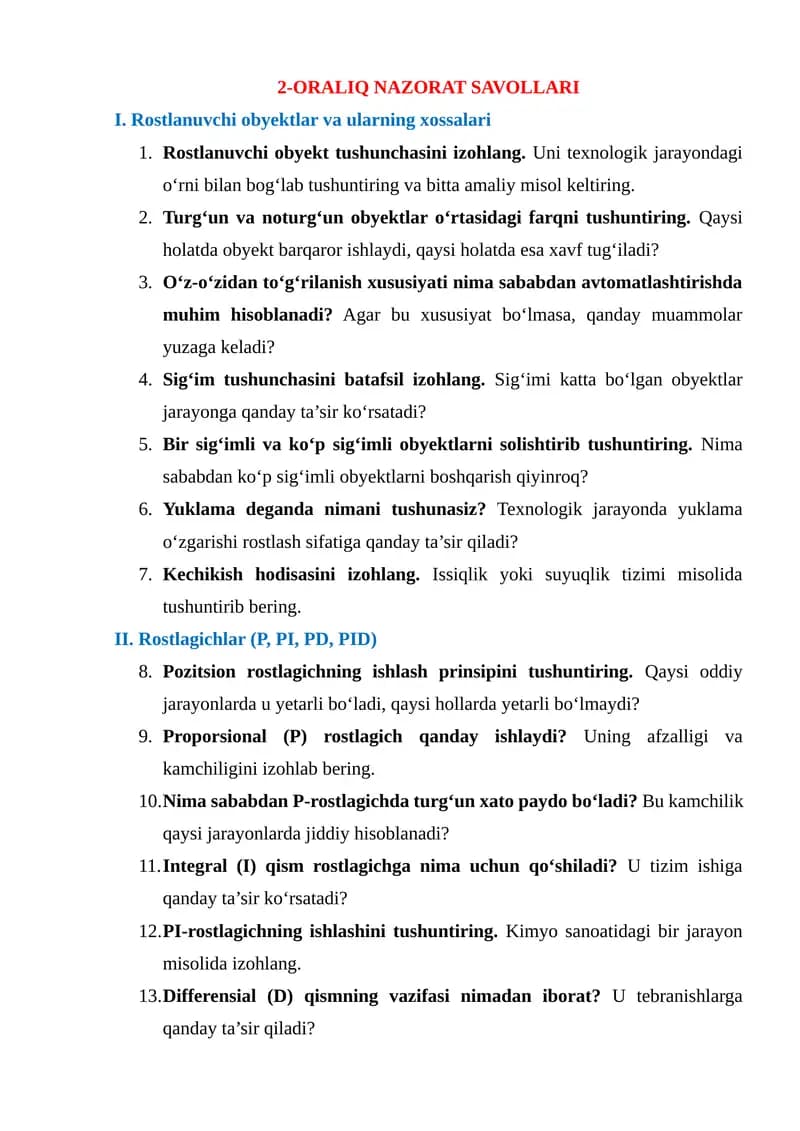 ORALIQ NAZORAT SAVOLLARI