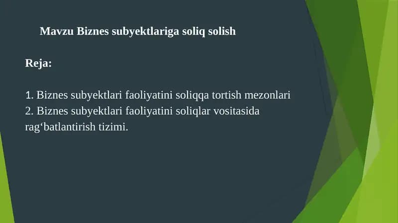 Biznes subyektlariga soliq solish